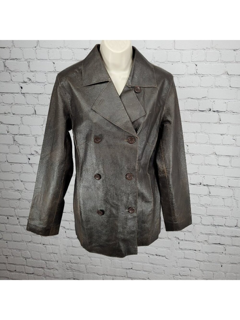 Brandon Thomas Brown Genuine Leather Double Breasted Buttoned Jacket Size Medium